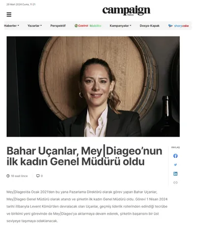 Campaign.tr / Bahar Uçanlar, Mey|Diageo’nun ilk kadın Genel Müdürü oldu